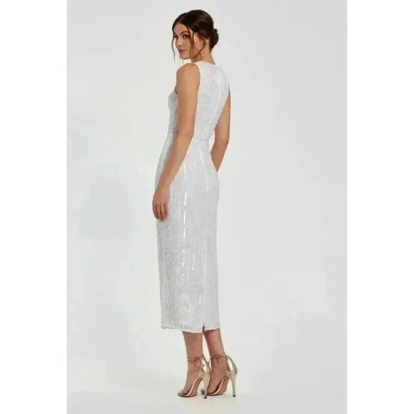 MAC DUGGAL 70260 STRIPED FLORAL EMBELLISHED SLEEVELESS WHITE MIDI DRESS 8 - Picture 5 of 11